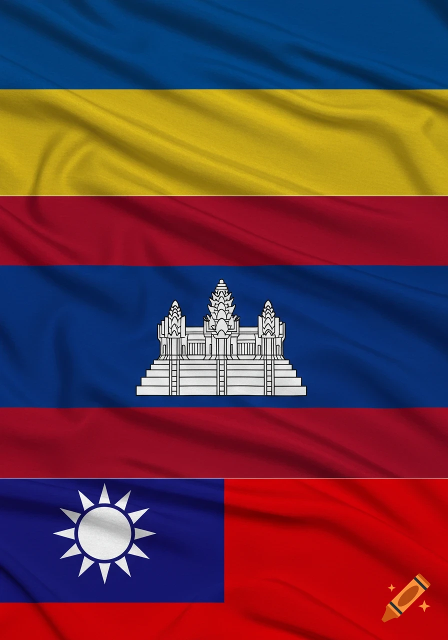 Vertical collage of the flags of Ukraine, Cambodia, and Taiwan, each with a wavy fabric texture.