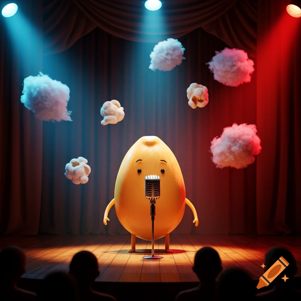 A cute, anthropomorphic popcorn kernel character speaks into a microphone on a spotlighted stage with red curtains and floating popcorn.