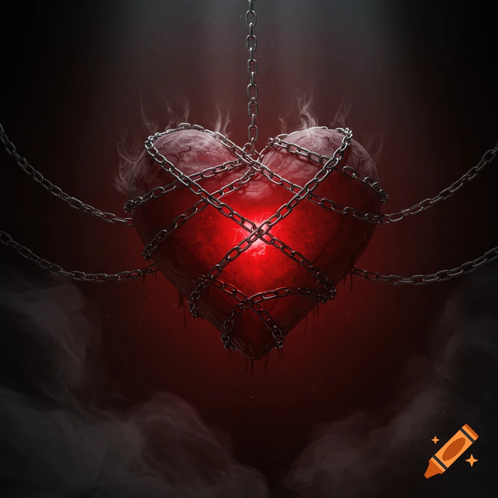A glowing red heart, bound by thick metal chains, drips liquid and emits smoke against a dark background in an ominous illustration.