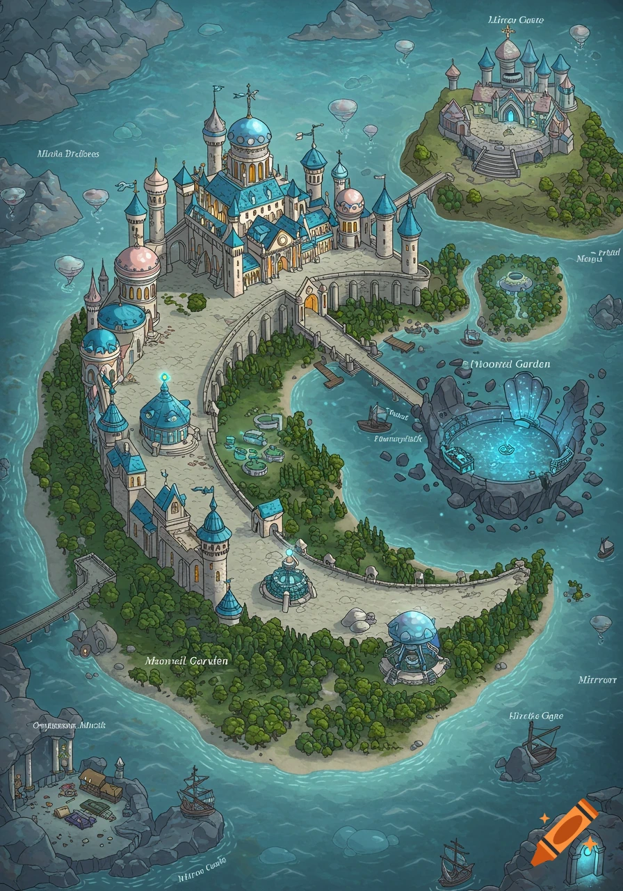 An isometric fantasy map of coastal islands with a large crescent-shaped castle, connected by bridges and surrounded by water. Hot air balloons float in the sky.