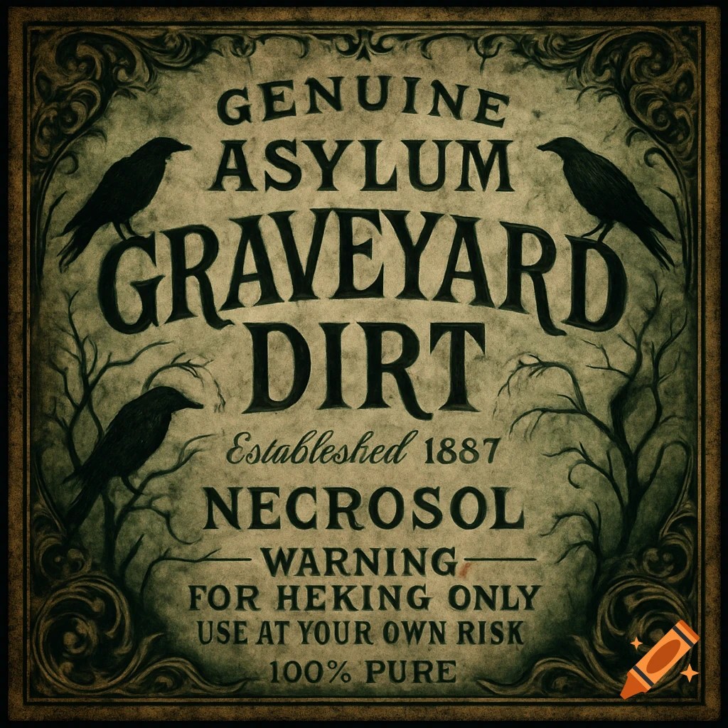 A spooky vintage product label for "Genuine Asylum Graveyard Dirt" with crows and bare tree branches on a distressed background.