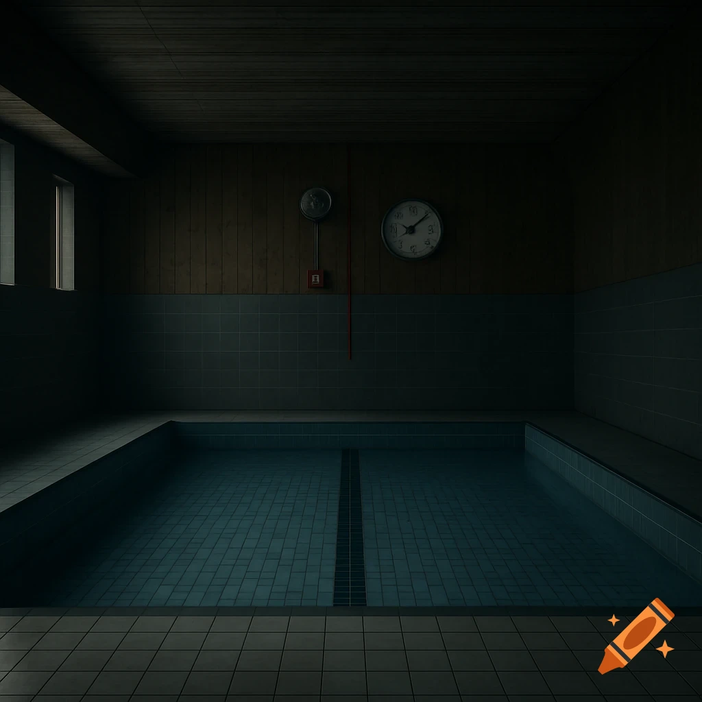 A dimly lit indoor swimming pool with blue tiles, gray tiled walls, and wood paneling. A clock and fire alarm are on the back wall.