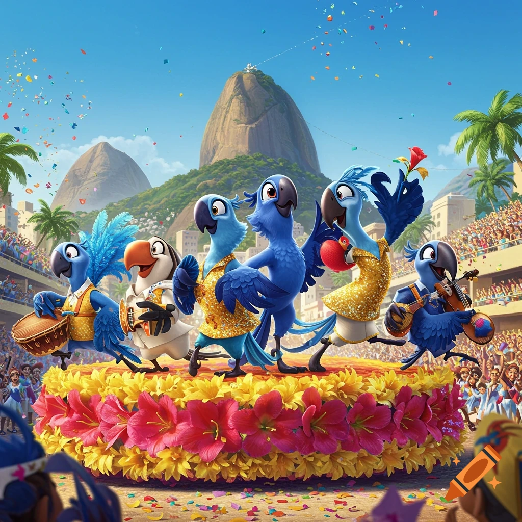 A vibrant cartoon parade featuring blue and white macaw characters from Rio dancing on a flower-decorated float in a bustling carnival setting with Sugarloaf Mountain in the background.