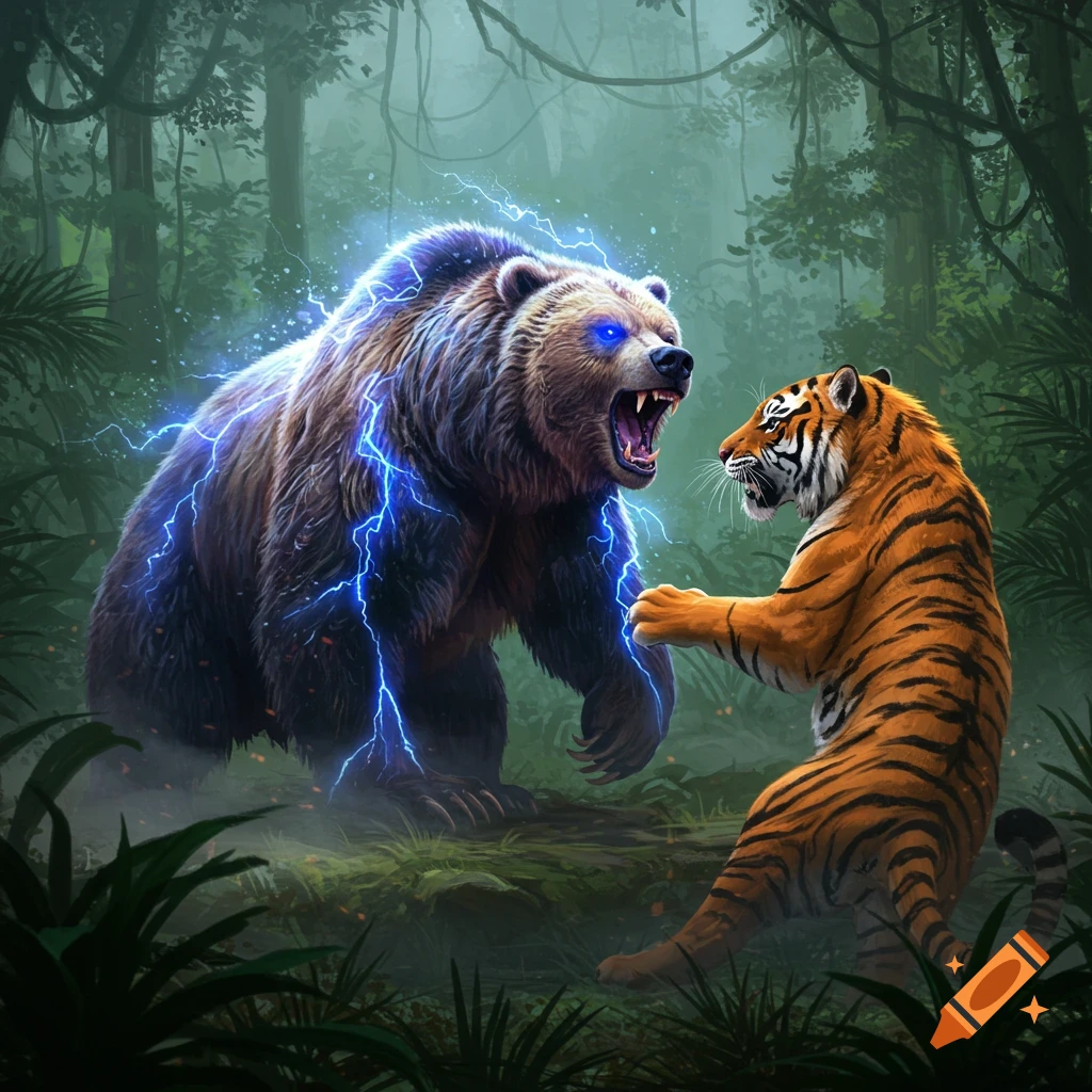 A powerful electric bear with blue lightning roaring at a tiger in a dense jungle.