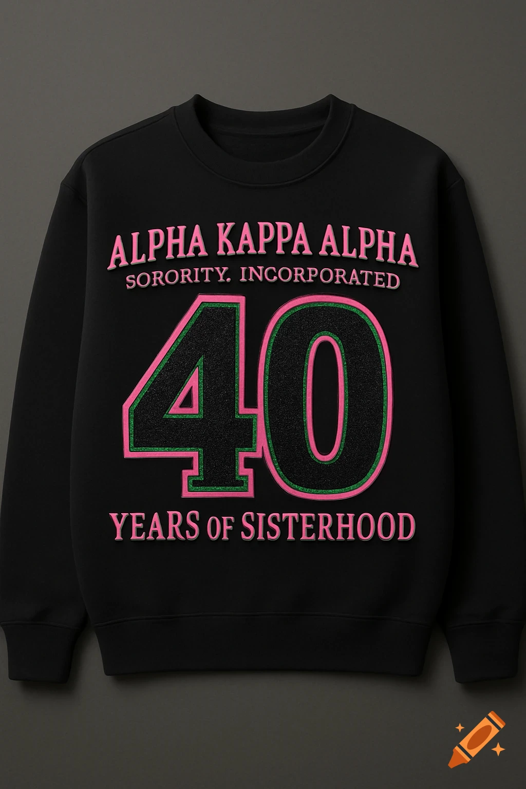 A black sweatshirt featuring "ALPHA KAPPA ALPHA SORORITY. INCORPORATED" in pink, a large glittery black "40" with pink and green trim, and "YEARS of SISTERHOOD" in pink below.