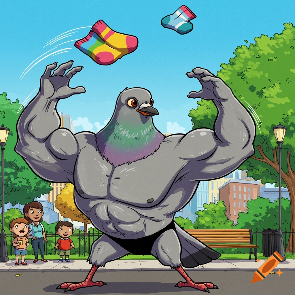 A muscular pigeon in black briefs flexes in a park, juggling colorful socks, while two children and a woman watch in the background.
