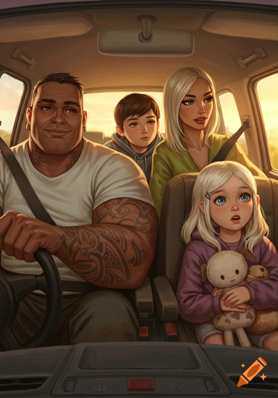 Illustrated family of four inside a car. A tattooed dad drives, a blonde mom sits next to him, and two children are in the back seat, one holding a stuffed toy.