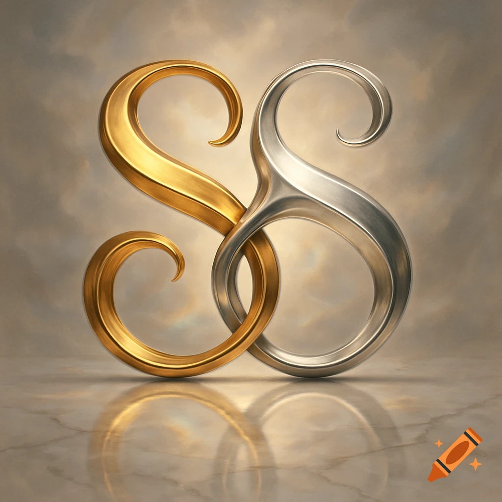 Two intertwined metallic letter S shapes, one gold and one silver, reflecting on a marble surface with a cloudy background.