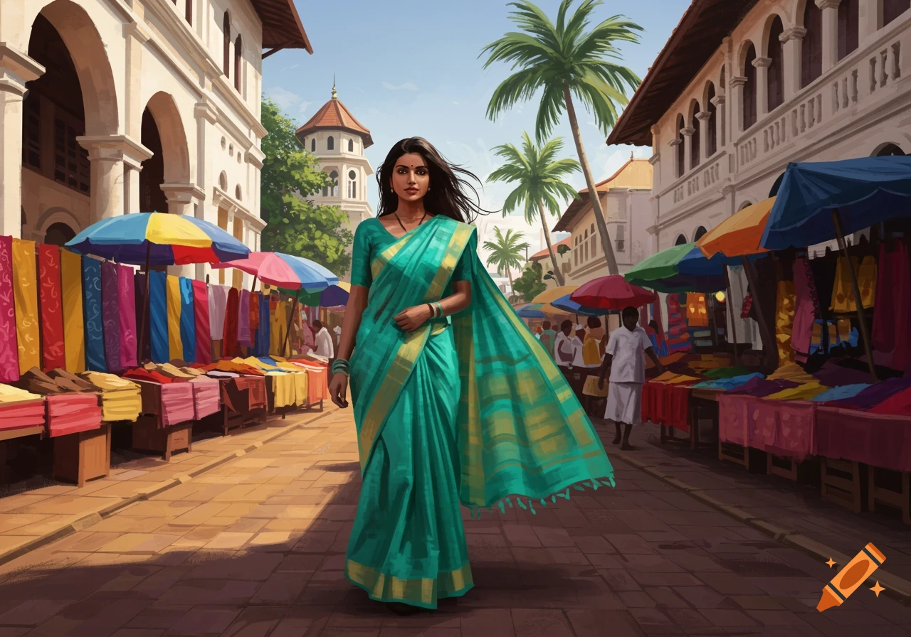 A painted scene of a woman in a turquoise sari walking through a bustling street market in Sri Lanka.