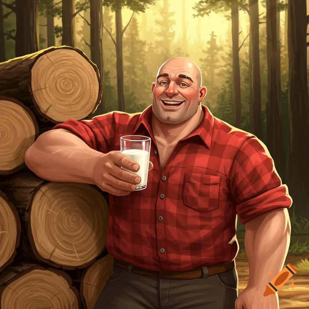 A smiling, muscular bald man in a red plaid shirt holds a glass of milk, leaning on a stack of logs in a sunlit forest.