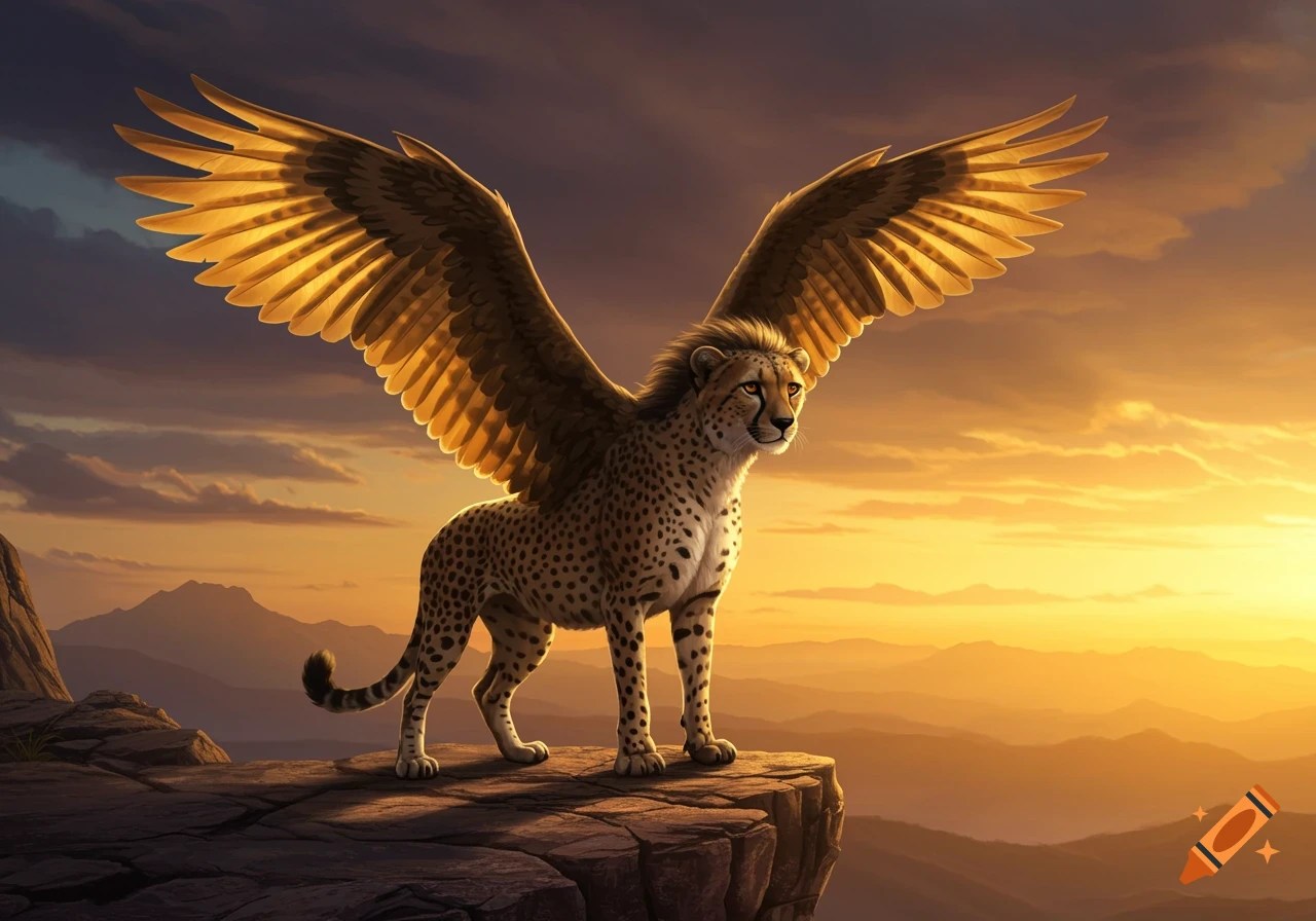 A majestic winged cheetah with golden feathers stands on a rocky cliff overlooking a vast mountain range at sunset.
