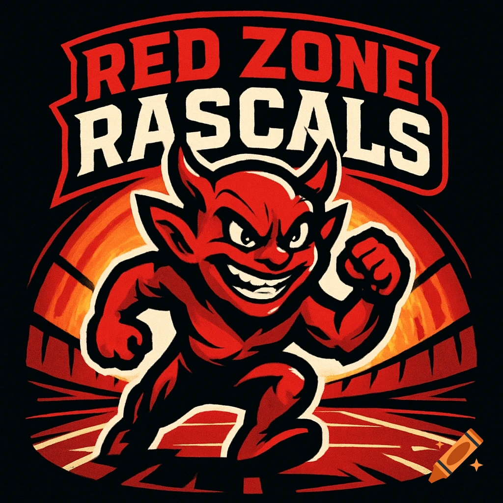 A red devil mascot with horns and a mischievous grin, running forward. The text "RED ZONE RASCALS" is above him.