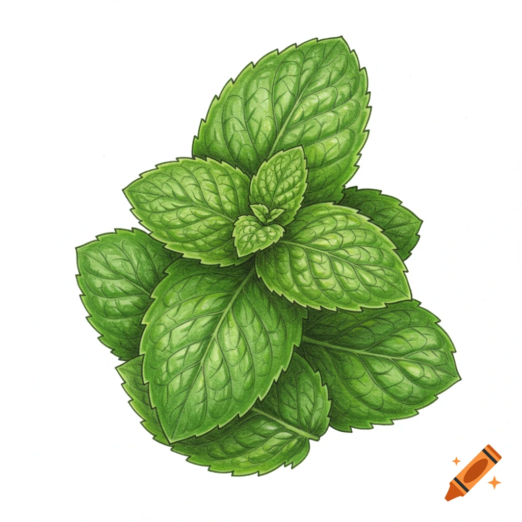 Hand-drawn illustration of green peppermint leaves on a white background.