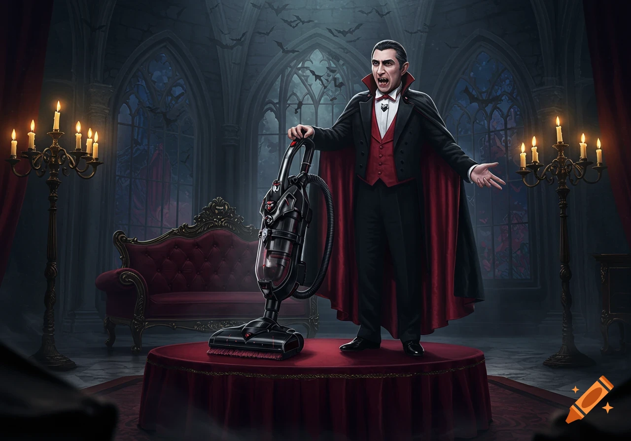 Dracula stands with a vacuum cleaner on a red pedestal in a gothic castle with bats flying outside the windows.