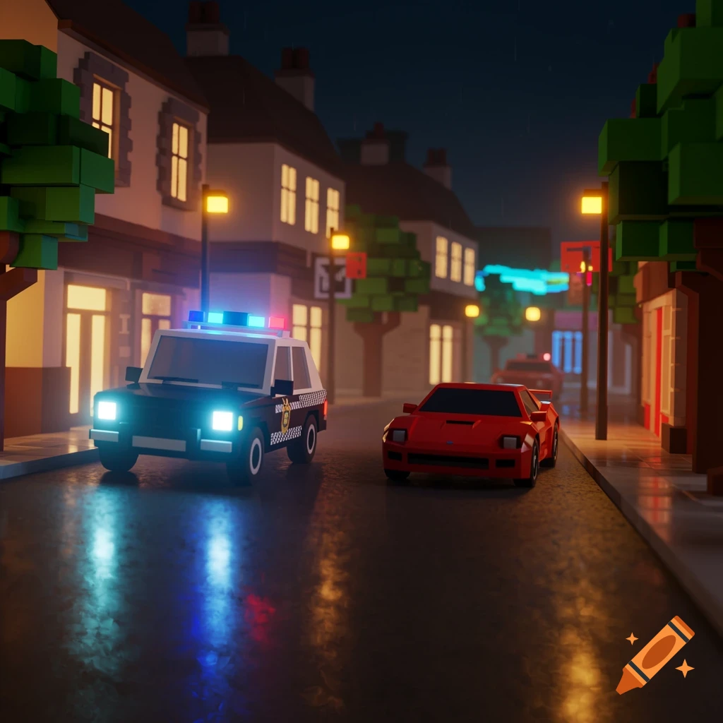 Voxel-style police car and red sports car on a wet street at night in a town.