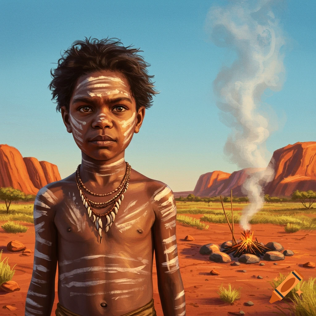A young Indigenous boy with white body paint and a shell necklace stands in a desert landscape with red rock formations and a smoking campfire.
