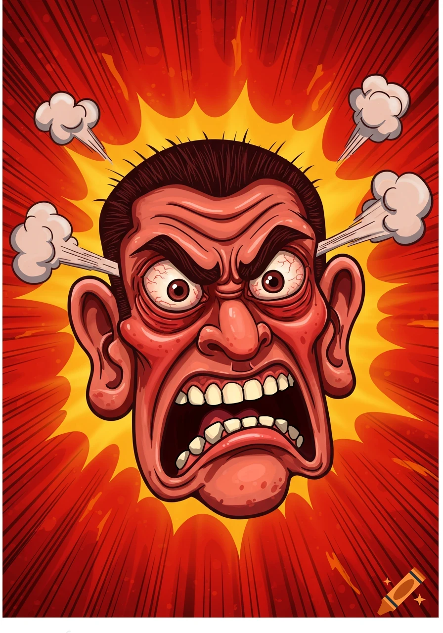 Cartoon illustration of an extremely angry man's red face with steam coming from his ears, against a vibrant red and yellow background.