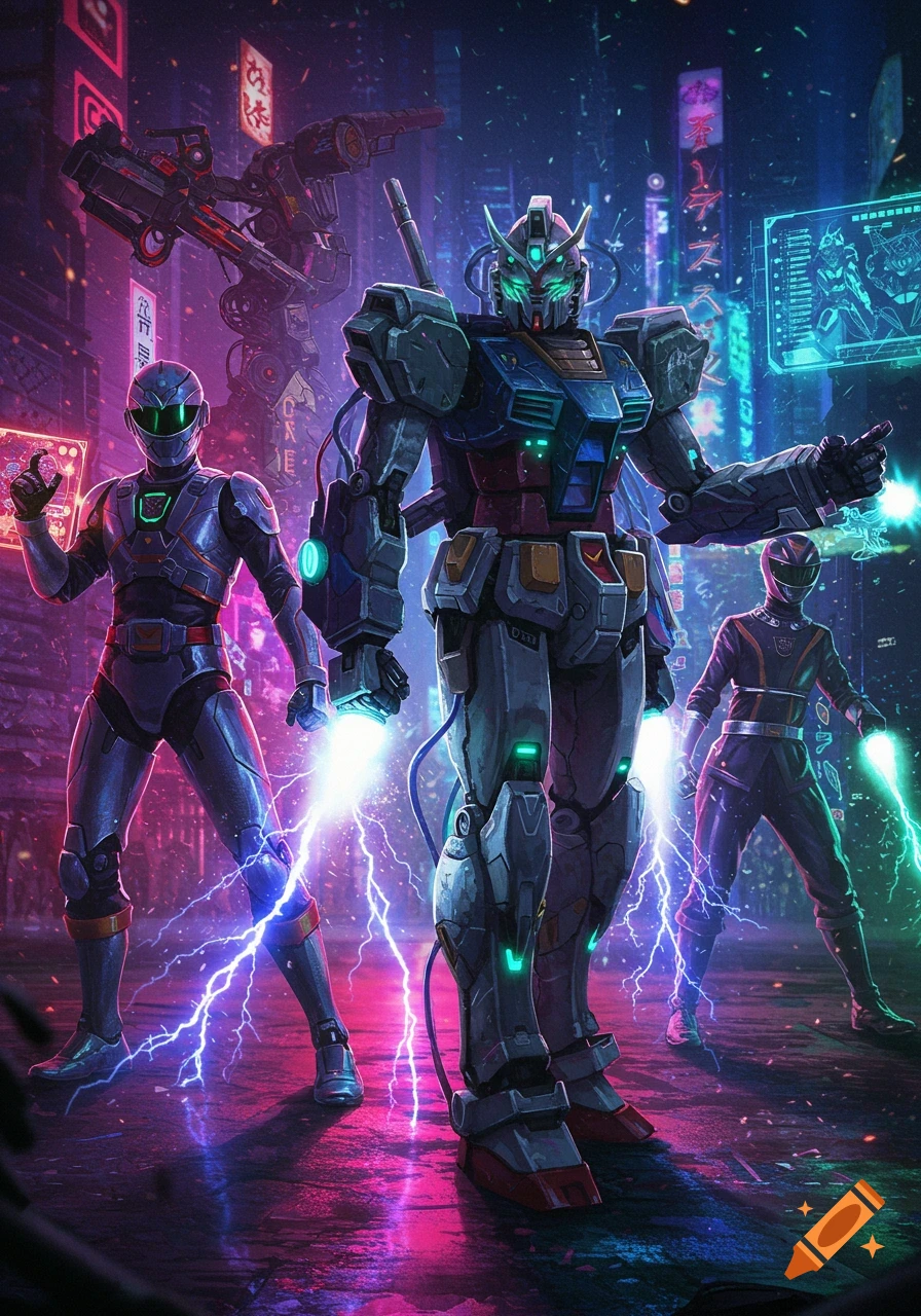 A large Gundam-style robot and two armored figures with lightning powers stand in a neon-lit cyberpunk city street.