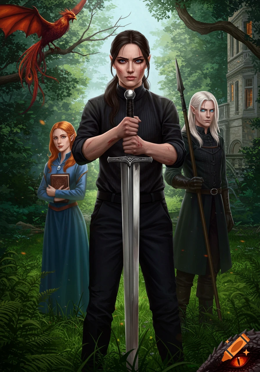 A dark-haired woman holding a sword stands defiantly between a red-haired woman with a book and a white-haired man with a spear, in a forest with a phoenix and a manor, digital art.