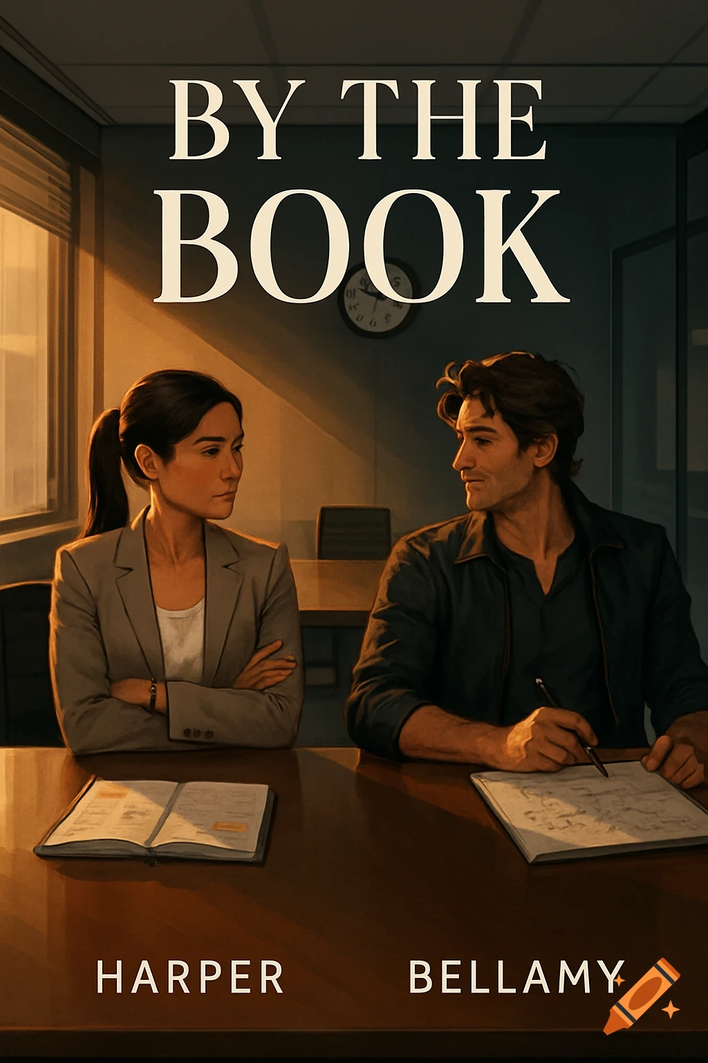 A book cover featuring a woman and a man at a long corporate table, glancing at each other, with the title 'BY THE BOOK'.