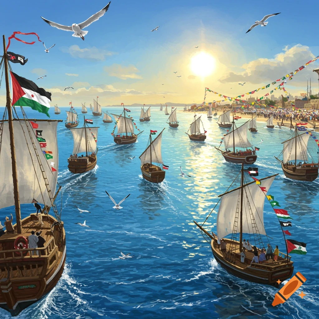 An illustrated scene of many traditional boats sailing on blue water towards a distant city with people on the shore, under a bright sun.