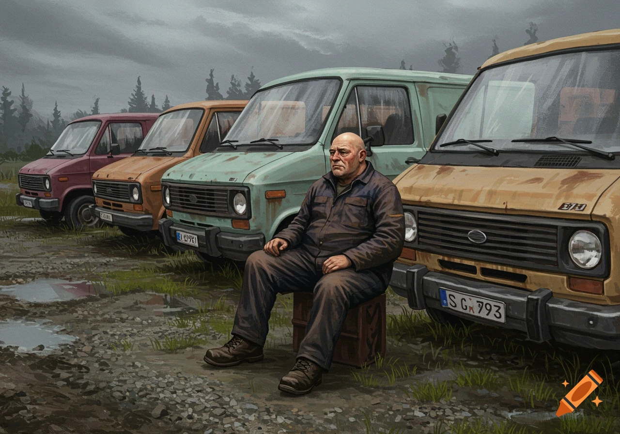 A balding man in dirty work clothes sits on a crate in front of four old, rusty vans on a muddy, unpaved road under a cloudy sky.