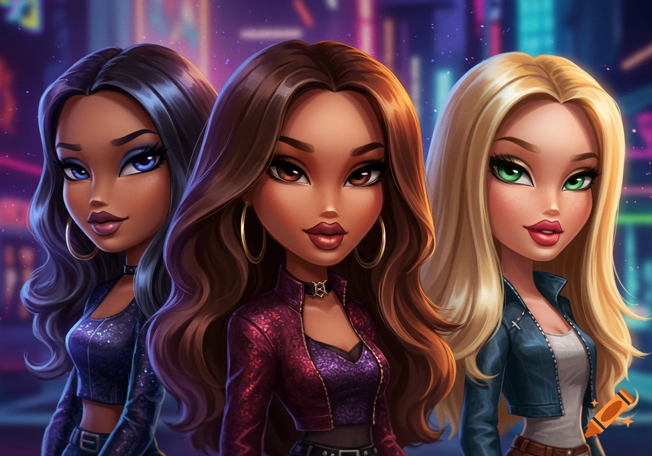 Three stylized doll-like characters with long hair and distinct eye colors (blue, brown, green) in a vibrant, neon-lit city background.