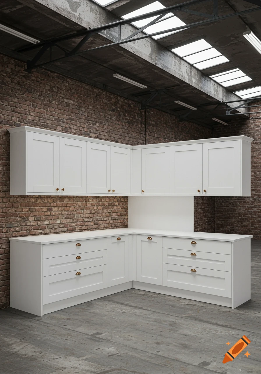 White shaker kitchen cabinets with gold hardware in a warehouse setting with brick walls and skylights.