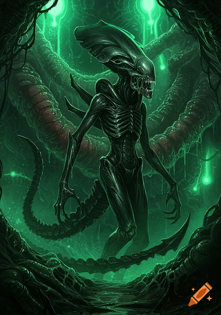 A menacing Xenomorph creature stands in a dark, eerie, green-lit alien environment with organic structures.