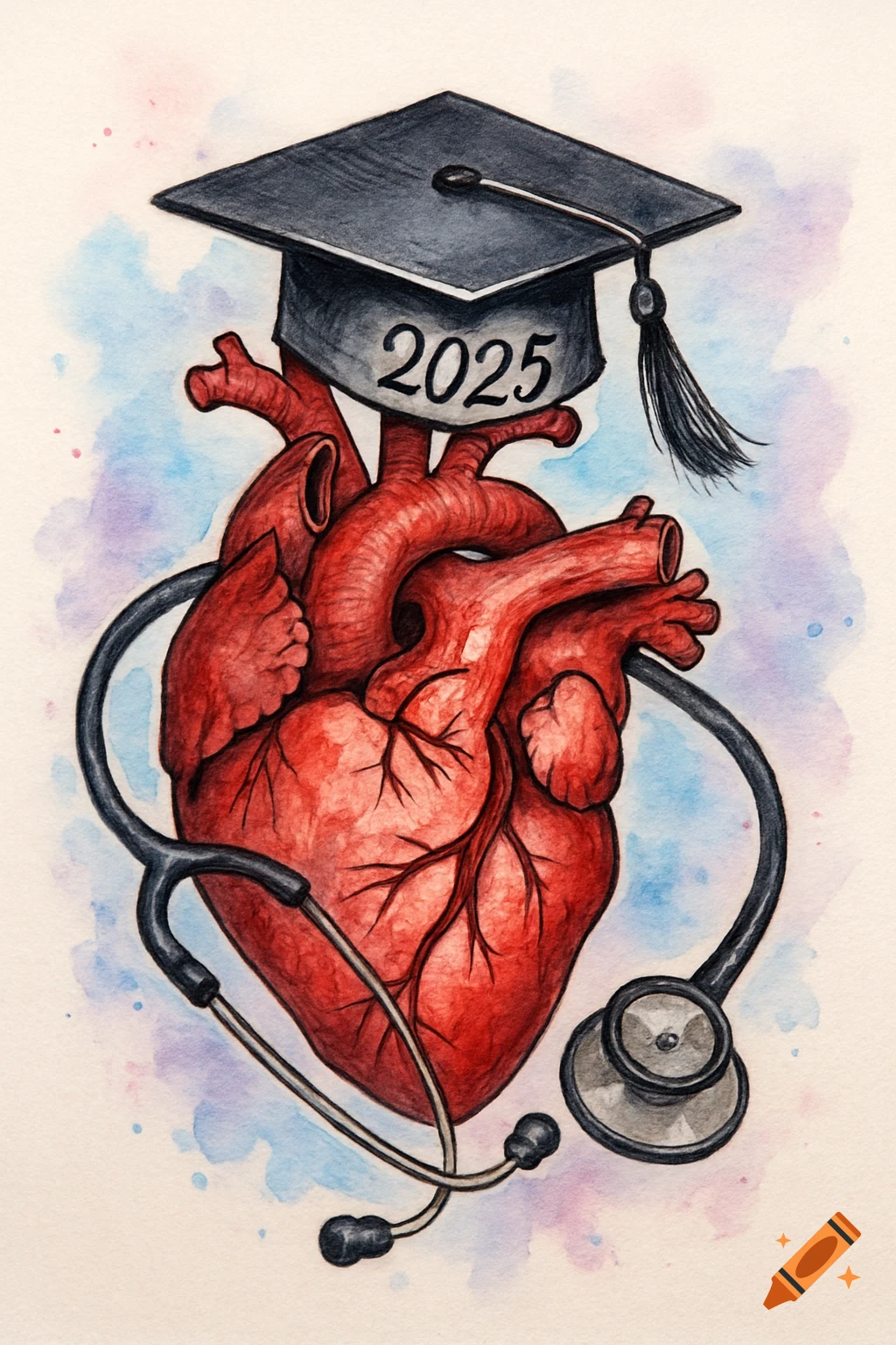 Watercolor illustration of a human heart with a stethoscope wrapped around it and a graduation cap labeled '2025' on top.