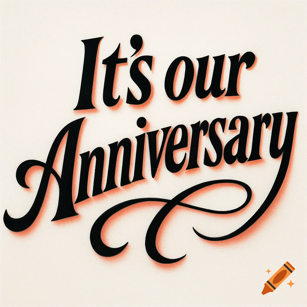 Black "It's our Anniversary" text with coral shadow in an airbrush illustration style on a white background.