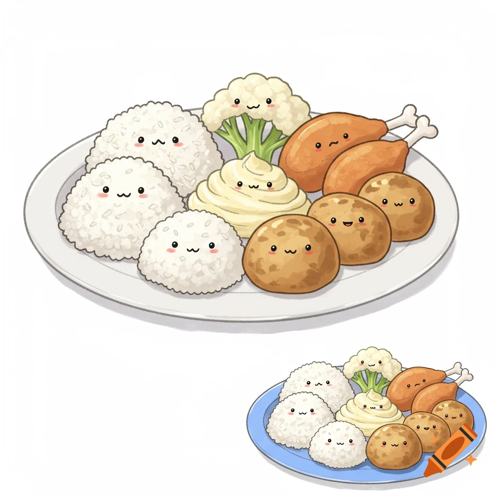 Cute cartoon illustration of a plate with smiling rice, cauliflower, mashed potatoes, chicken legs, and roasted potatoes. A smaller version is shown on a blue plate.