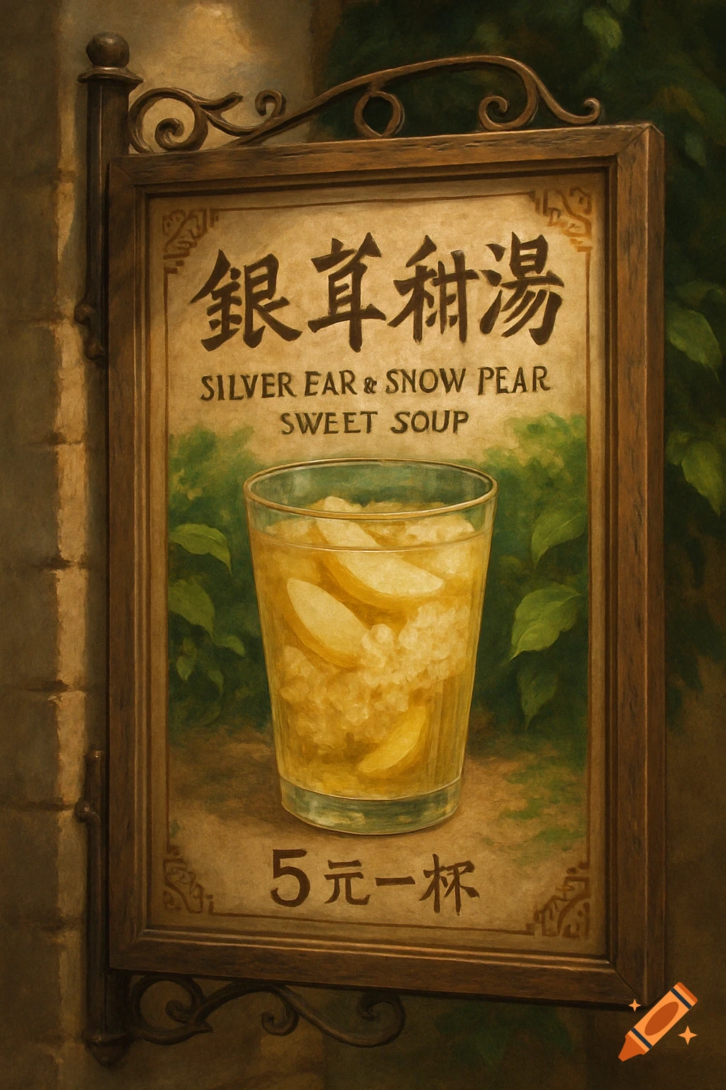 A vintage-style hanging sign with a wooden frame displays Chinese and English text for "Silver Ear & Snow Pear Sweet Soup." Below, a glass of the soup with pear slices is depicted, with the price "5 元一杯" (5 yuan per cup) at the bottom. The background is a green vine against a wall.