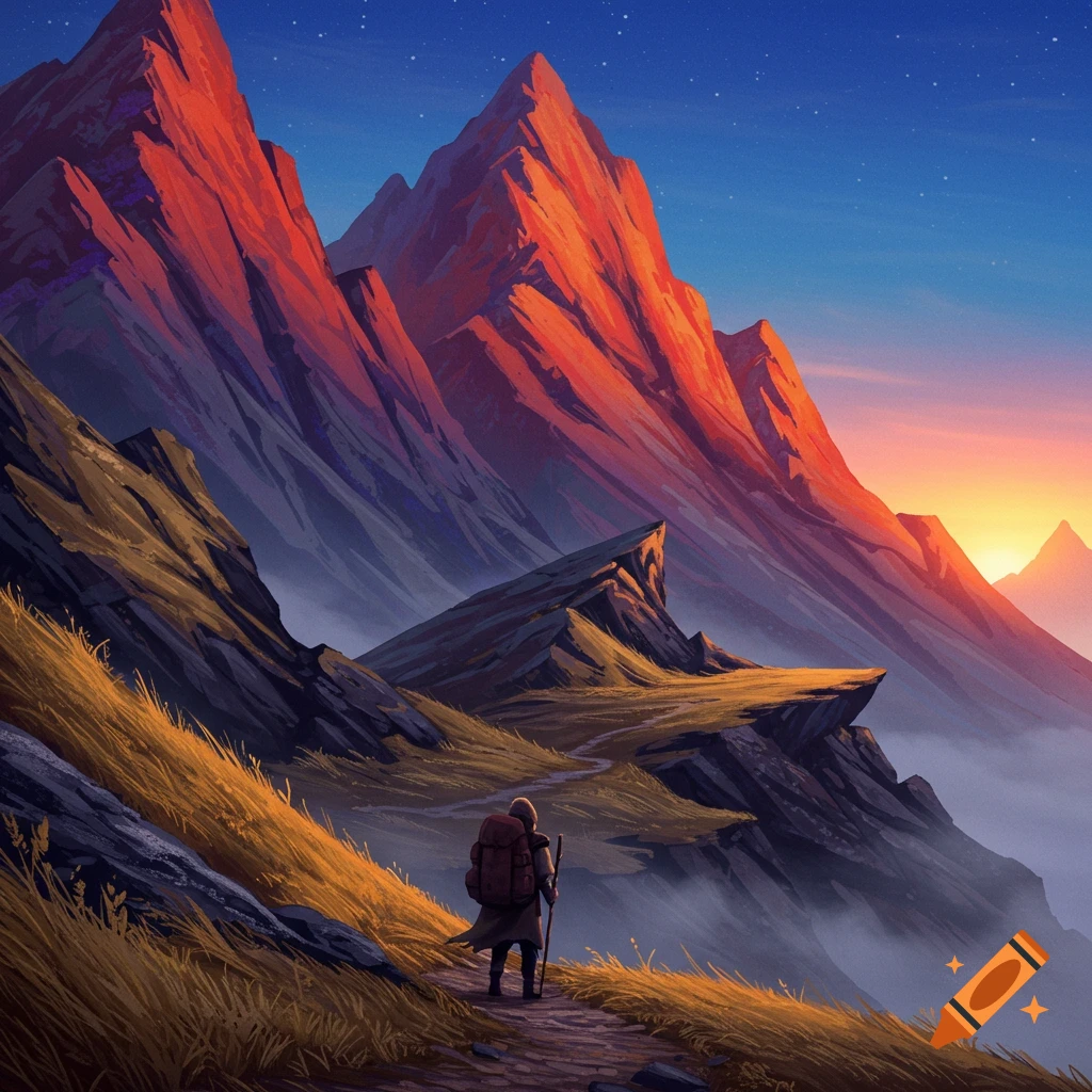 A lone hiker walks on a winding path through vibrant red-orange mountains at sunset, in a stylized landscape.