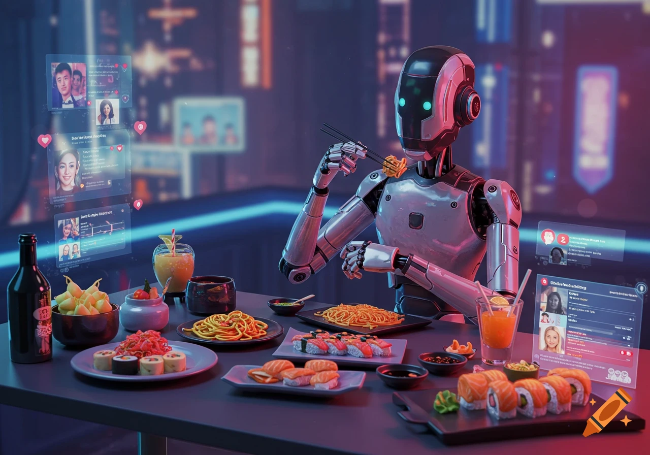 A robot with glowing eyes uses chopsticks to eat noodles and sushi at a table filled with various Japanese dishes, set in a futuristic restaurant with holographic social media screens.