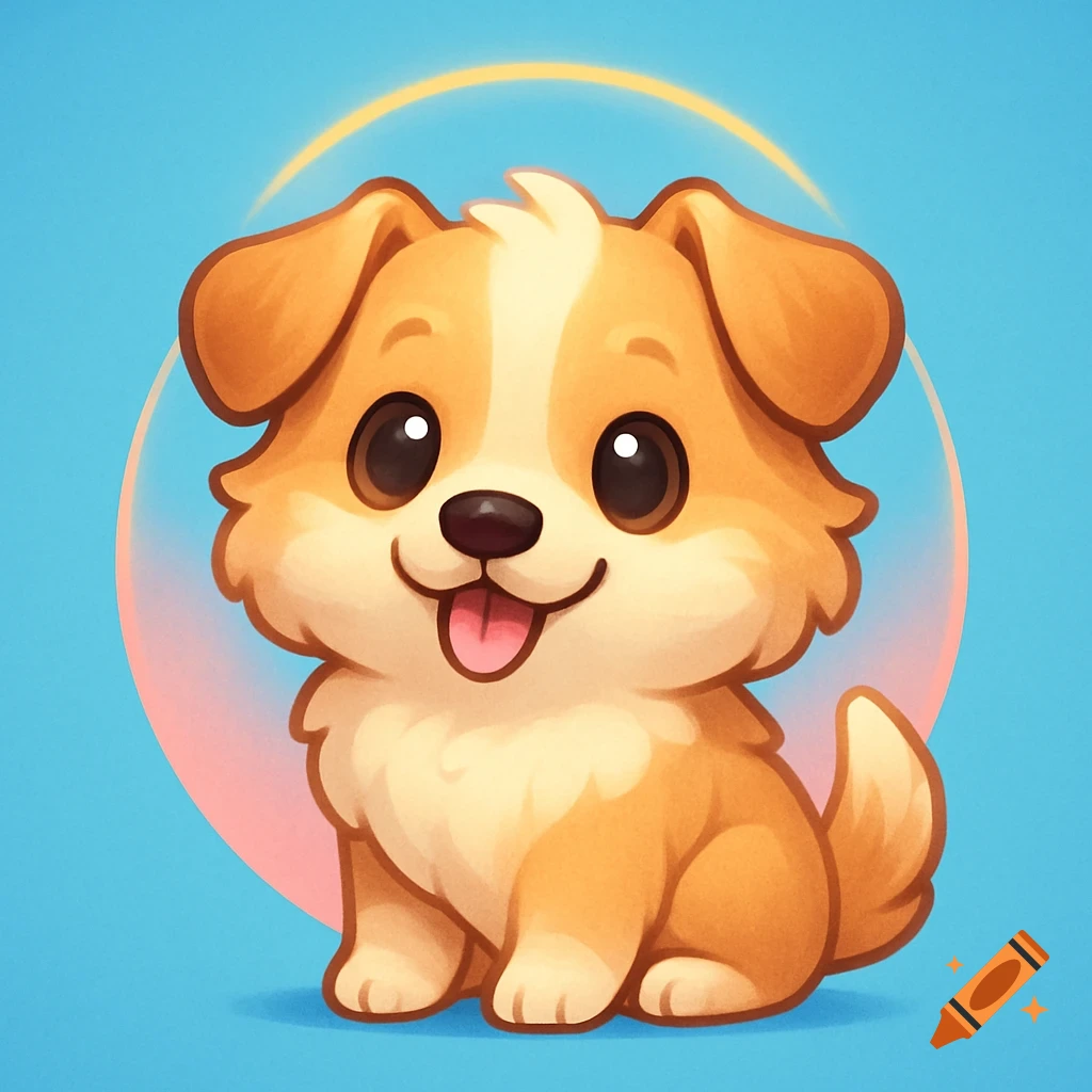 A cute, happy cartoon puppy with big eyes and a tongue sticking out, sitting against a blue background with an orange halo.