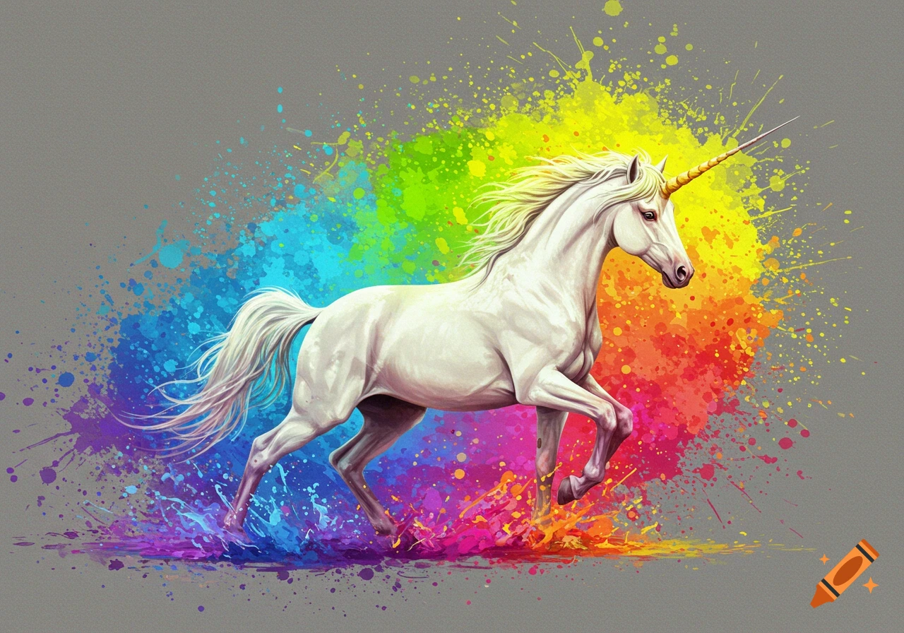 A majestic white unicorn with a golden horn gallops through a vibrant explosion of rainbow paint splatters on a gray background.