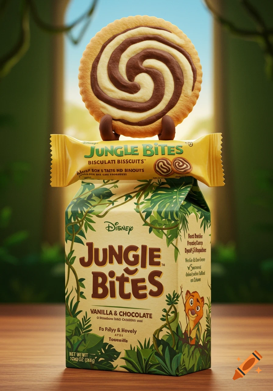 A close-up shot of a Disney Jungle Bites biscuit package and wrapper, topped with a vanilla and chocolate swirl biscuit, set in a jungle-themed background.