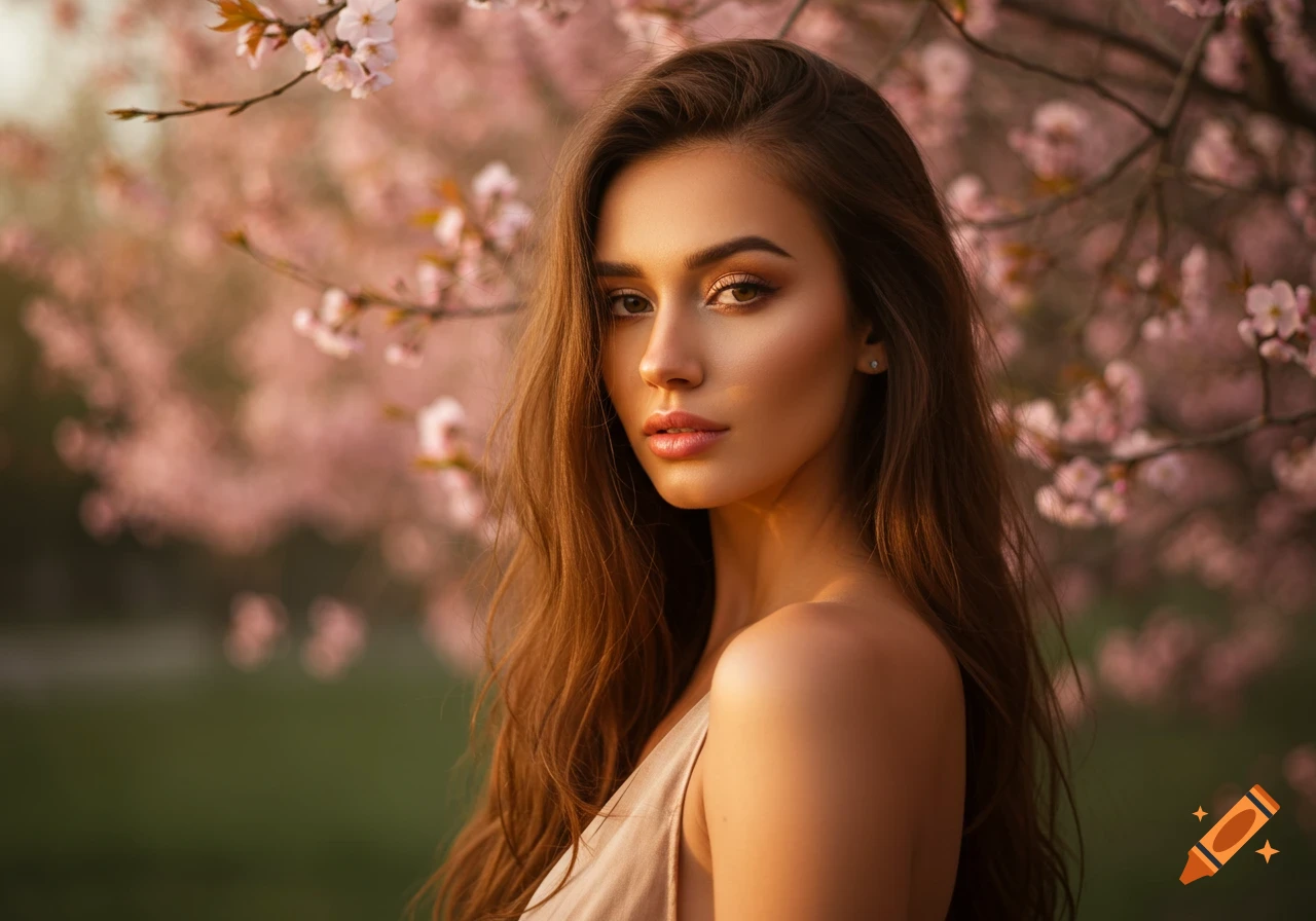 A photorealistic portrait of a beautiful woman with long brown hair, looking at the camera, with blurred pink cherry blossoms in the background.