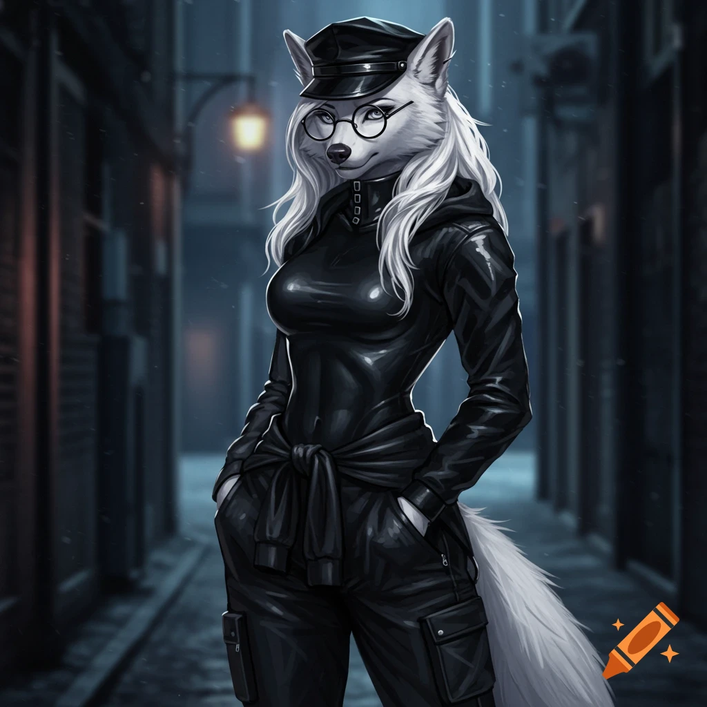 An anthropomorphic white dire wolf in a black leather cap, bodysuit, cargo pants, and glasses stands in a dark alley.