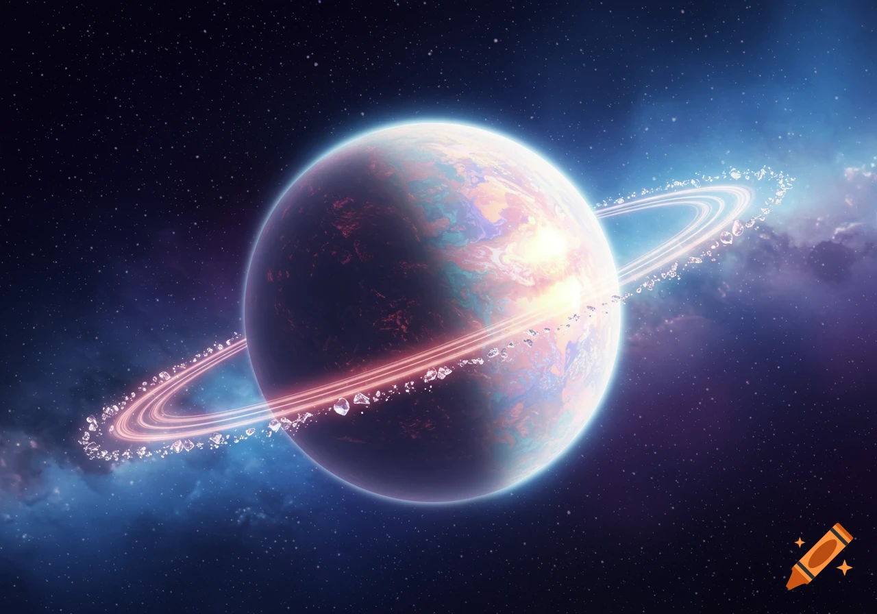 A vibrant planet with glowing rings made of sparkling fragments set against a star-filled galaxy.