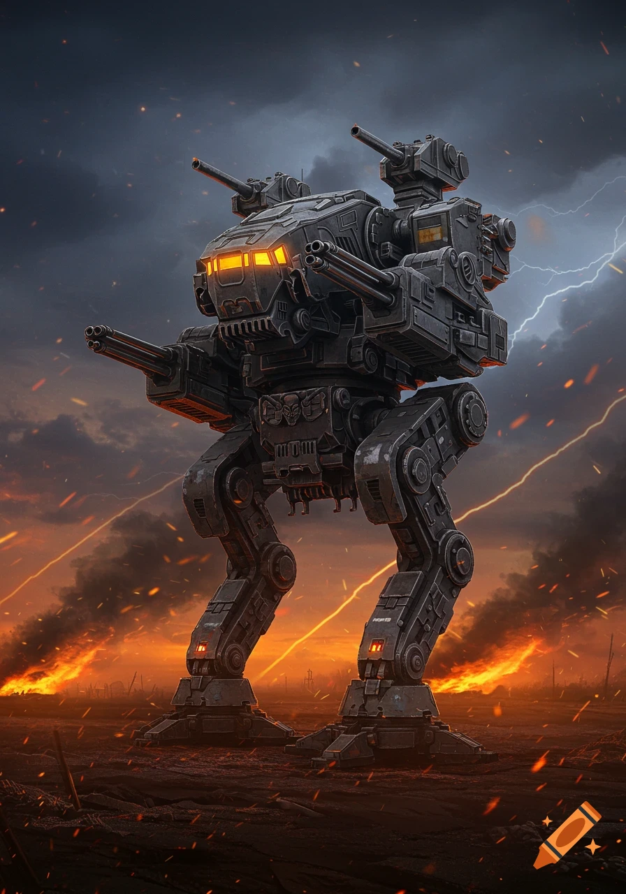 A formidable grey artillery walker robot stands on a desolate battlefield under a stormy sky with lightning and fires. Its eyes glow orange.