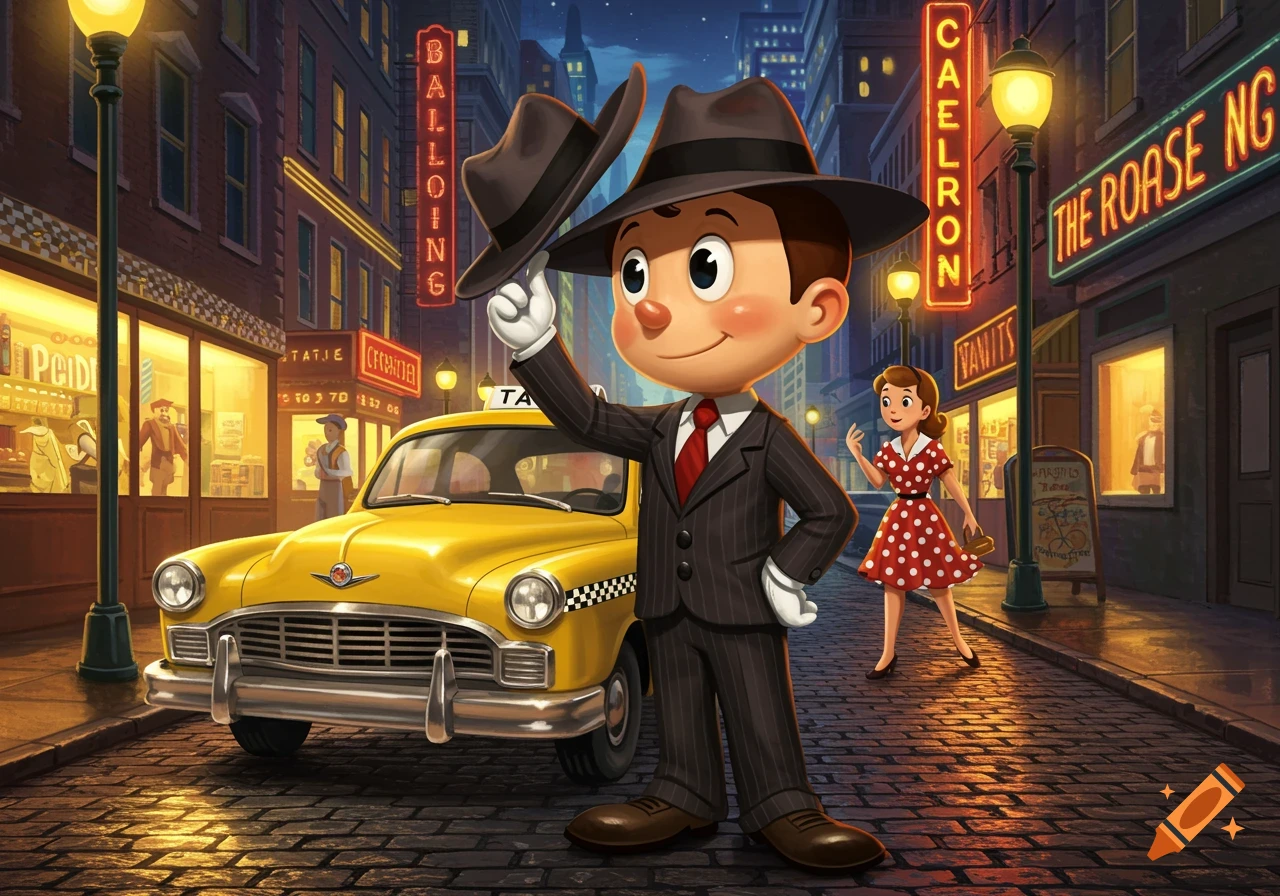 A cartoon man in a suit tips his fedora beside a yellow taxi on a cobblestone street at night, a woman walks in the background.