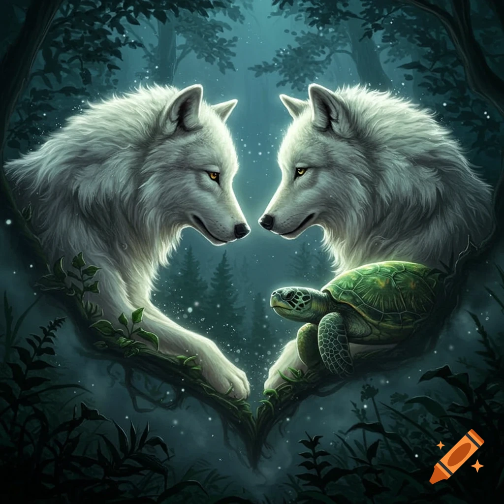 Two white wolves form a heart shape around a green turtle in a mystical forest, digital painting.