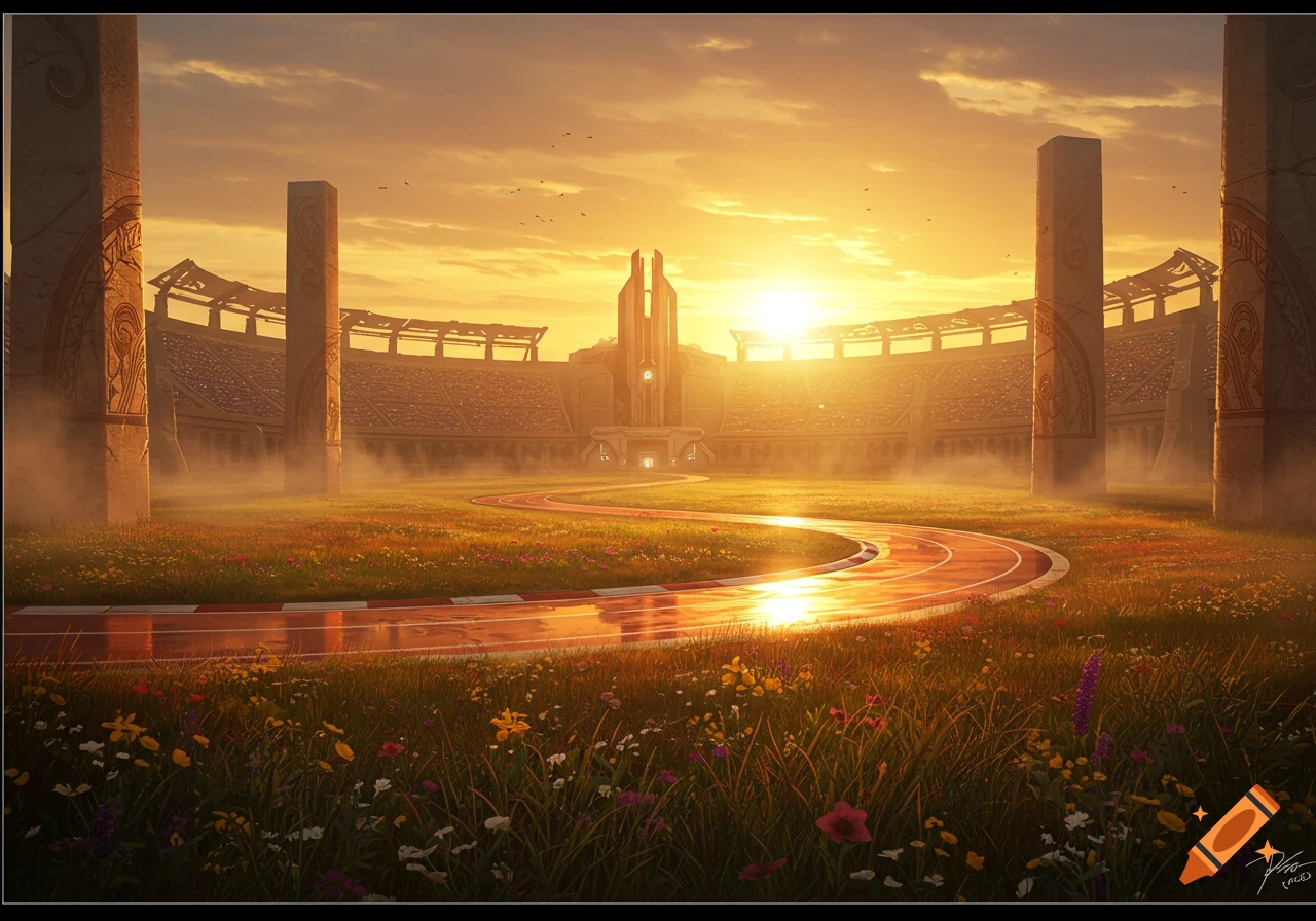 A grand stadium at sunset with a winding race track through a field of wildflowers reflecting the sun's orange glow.