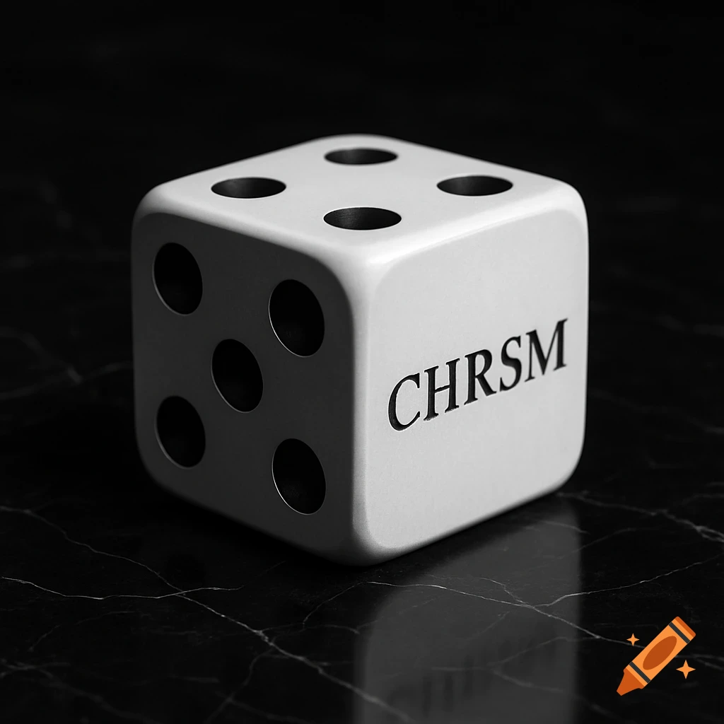 A white die with the word CHRSM on one side, resting on a dark, reflective marble surface.
