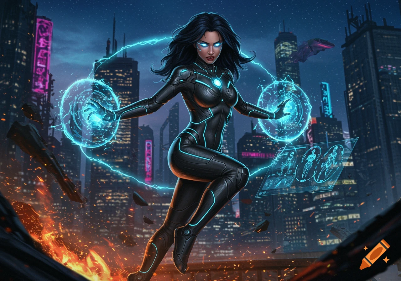 A female superhero in a black suit with glowing blue accents stands amidst a fiery, futuristic city with energy crackling around her hands.