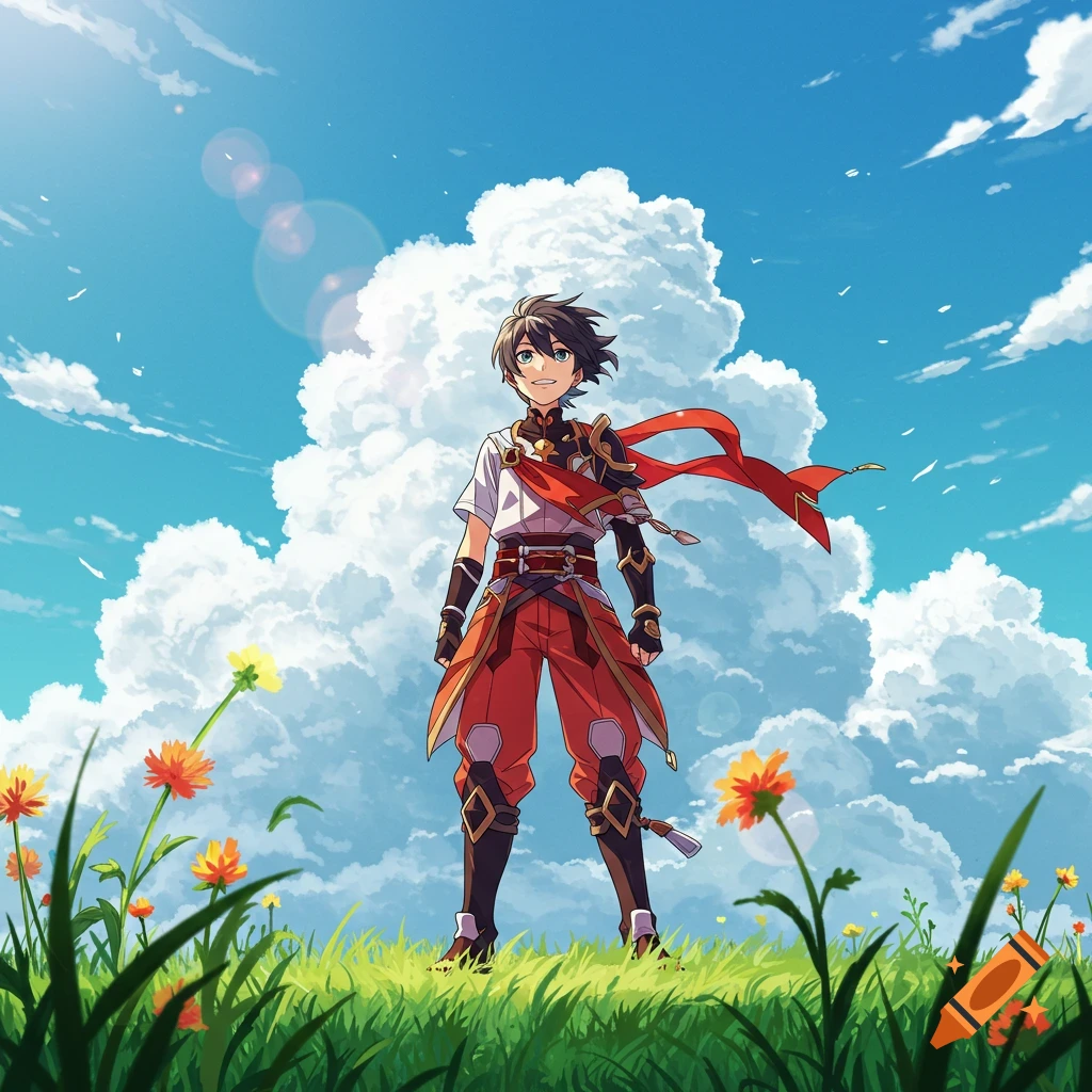 An anime character in red and black armor stands in a vibrant green field under a bright blue sky with large white clouds.