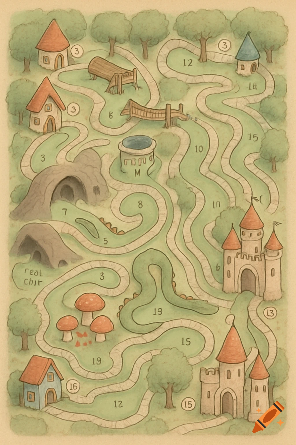 A whimsical, hand-drawn map of an 18-hole miniature golf course with fairytale themes like gnome houses, bridges, mushroom rings, and castles.
