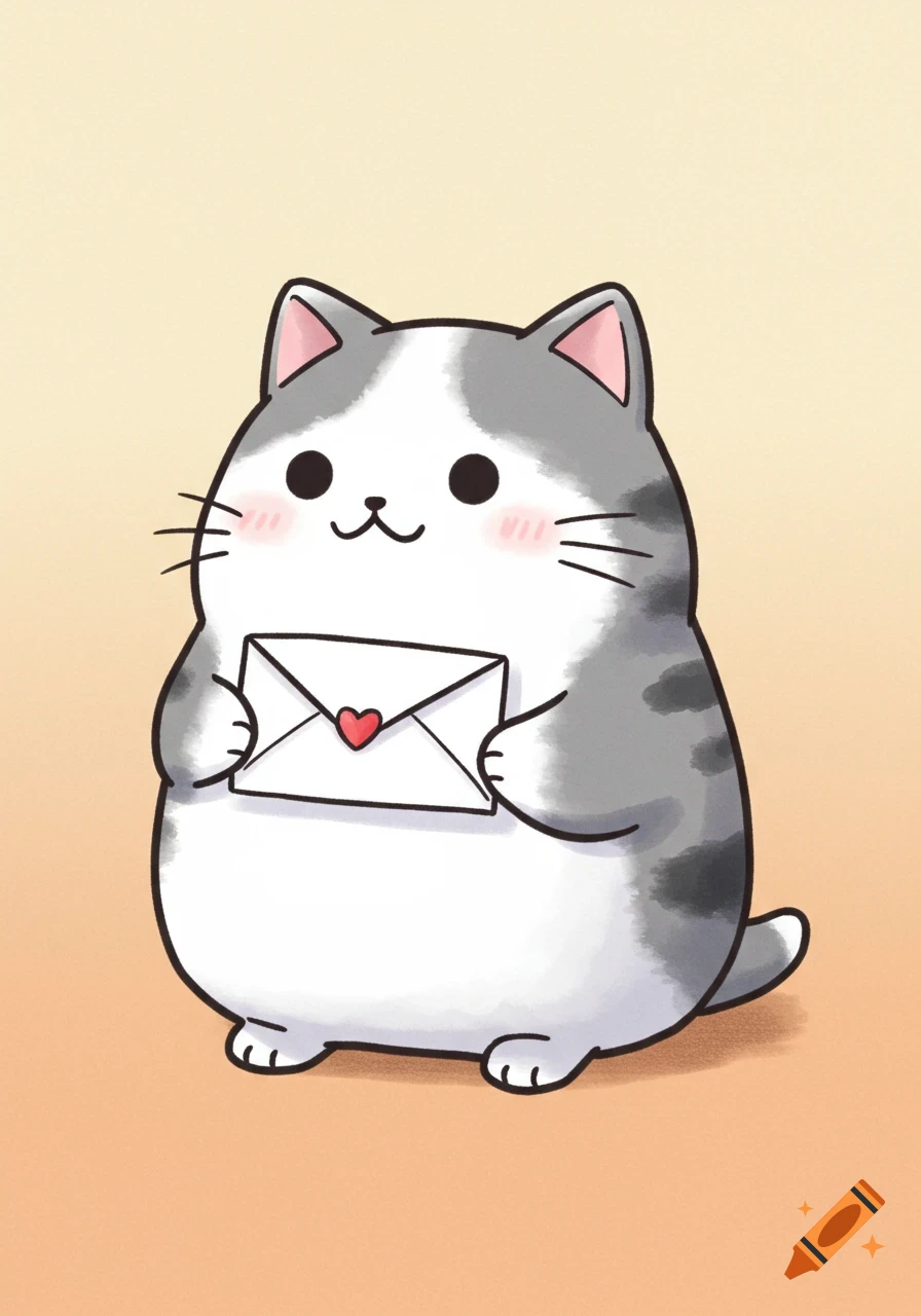 A cute, plump gray and white cartoon cat with rosy cheeks holds a white envelope with a red heart.